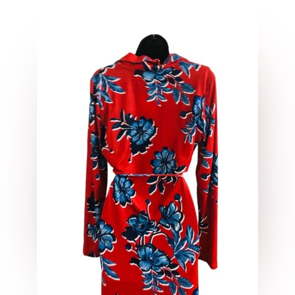 Zara red & blue floral v-neck button front belted‎ midi dress size small new - Picture 15 of 16
